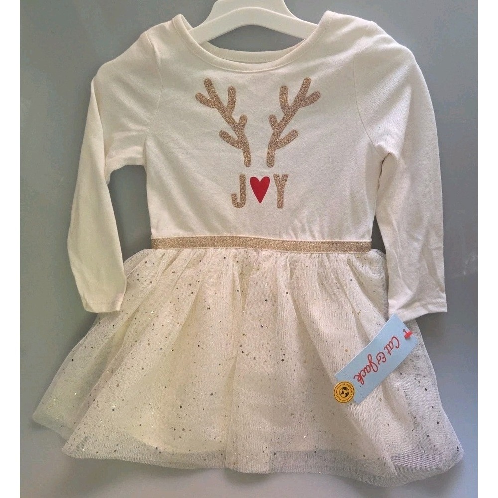 Infant Girls Long Sleeve Cream Reindeer Sparkly Tulle Christmas‎ Dress 18M